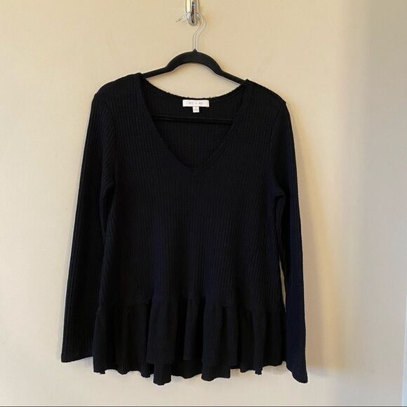 Anthropologie-Eri + Ali Waffle Peplum Black Long Sleeve Thermal (Small) - Picture 2 of 11